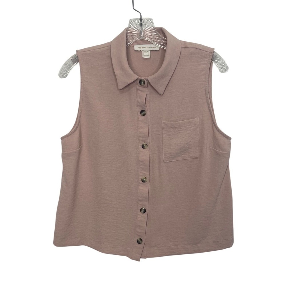 Monteau Sleeveless Button Up Collared Top Large Blush Pink